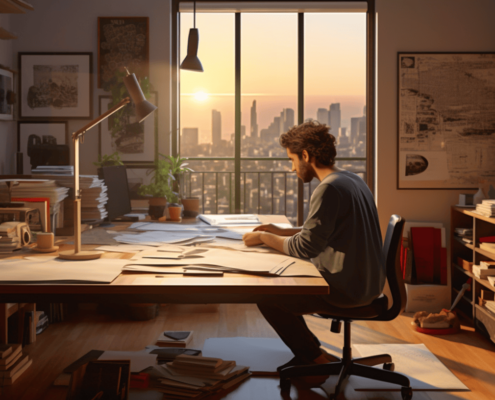 Image d'une personne concentrée, assise à un bureau, examinant des documents financiers et un ordinateur portable affichant des graphiques de budget. À côté d'elle, une calculatrice et des plans d'appartements, symbolisant la planification et l'évaluation de la capacité financière pour l'achat d'un appartement.