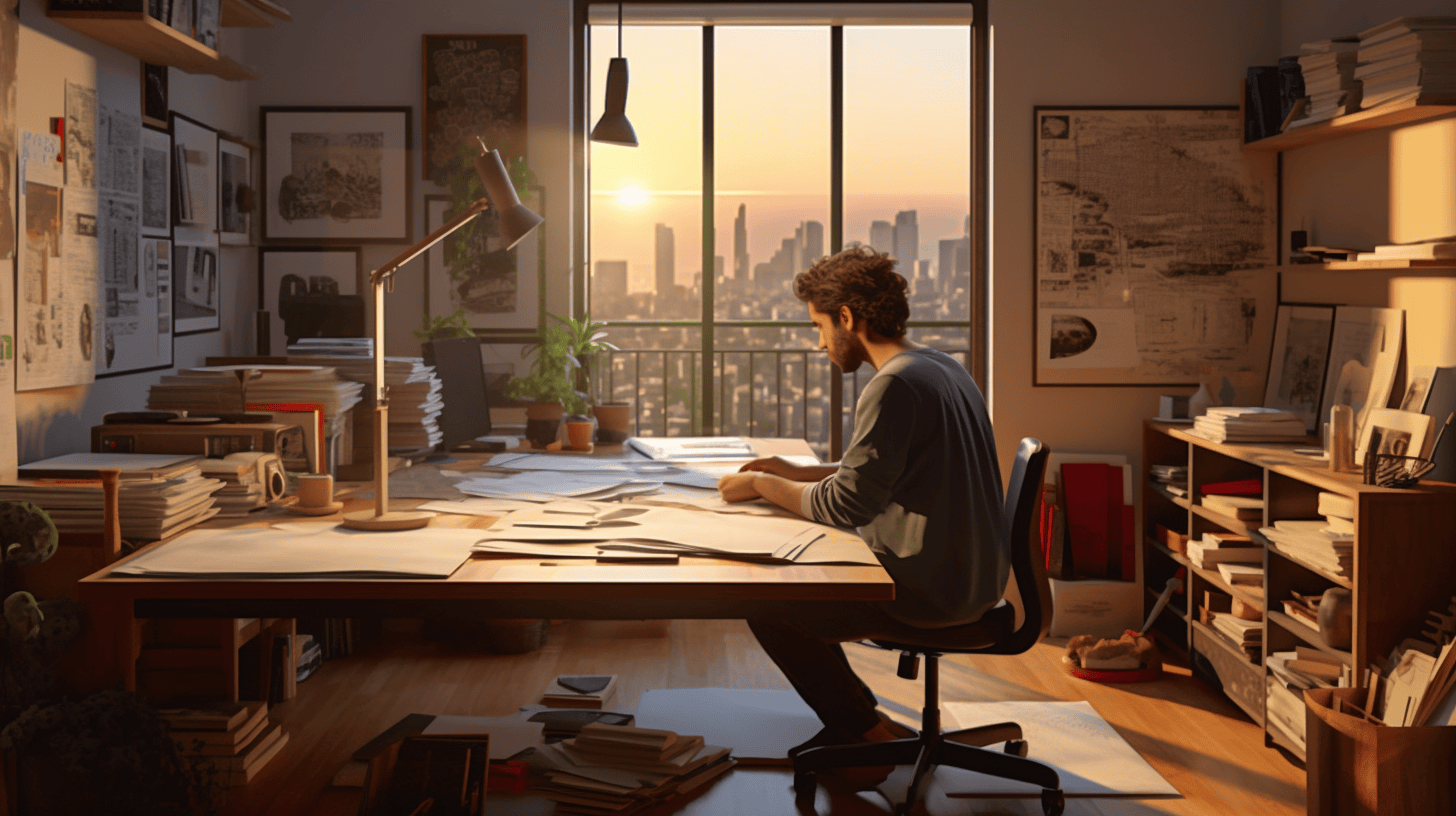 Image d'une personne concentrée, assise à un bureau, examinant des documents financiers et un ordinateur portable affichant des graphiques de budget. À côté d'elle, une calculatrice et des plans d'appartements, symbolisant la planification et l'évaluation de la capacité financière pour l'achat d'un appartement.