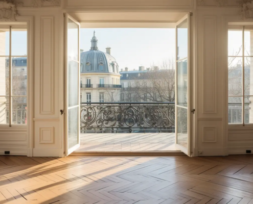 APPARTEMENT avec de grandes fenêtres ouvertes