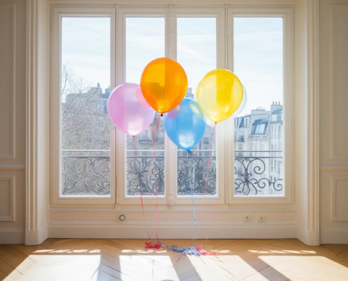 Ballons devant une fenêtre dans un appartement Parisien