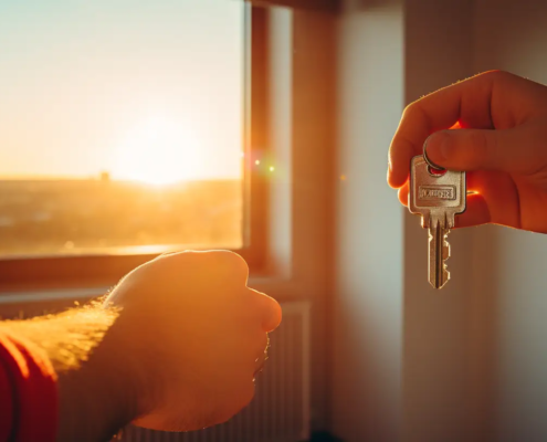 Quelqu'un donne une clé à quelqu'un d'autre dans un appartement