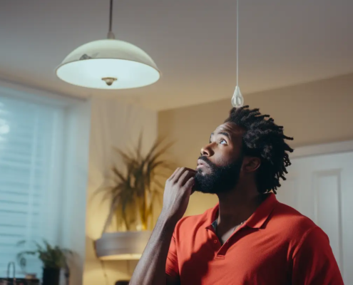 Un homme regarde le plafond dans un appartement