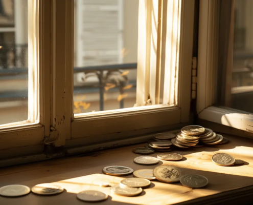 Pièces sur une table proche de la fenêtre