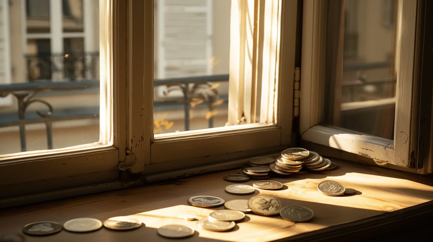 Pièces sur une table proche de la fenêtre